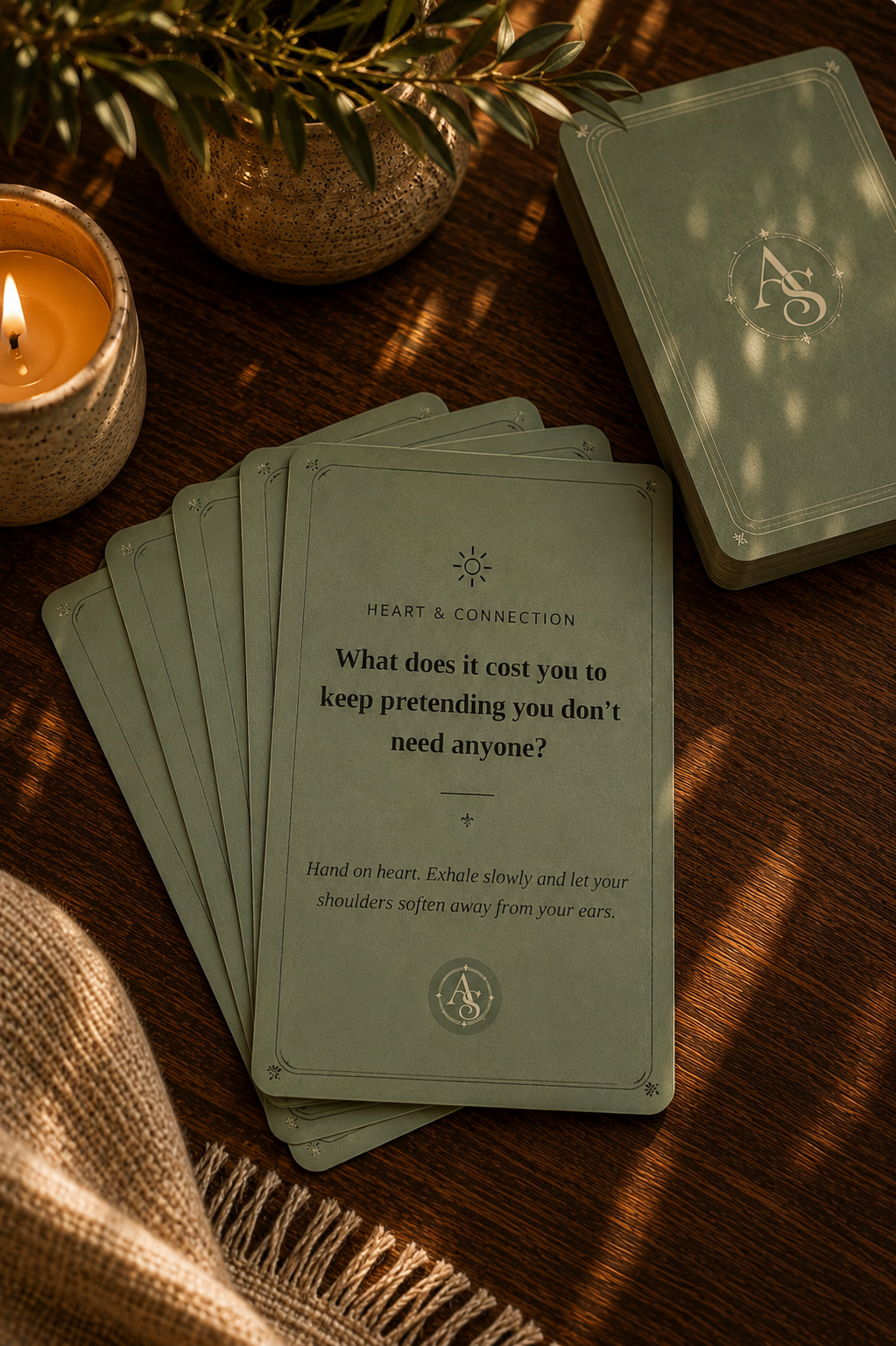 The Awakened Body Deck — sage green cards fanned out beside a candle