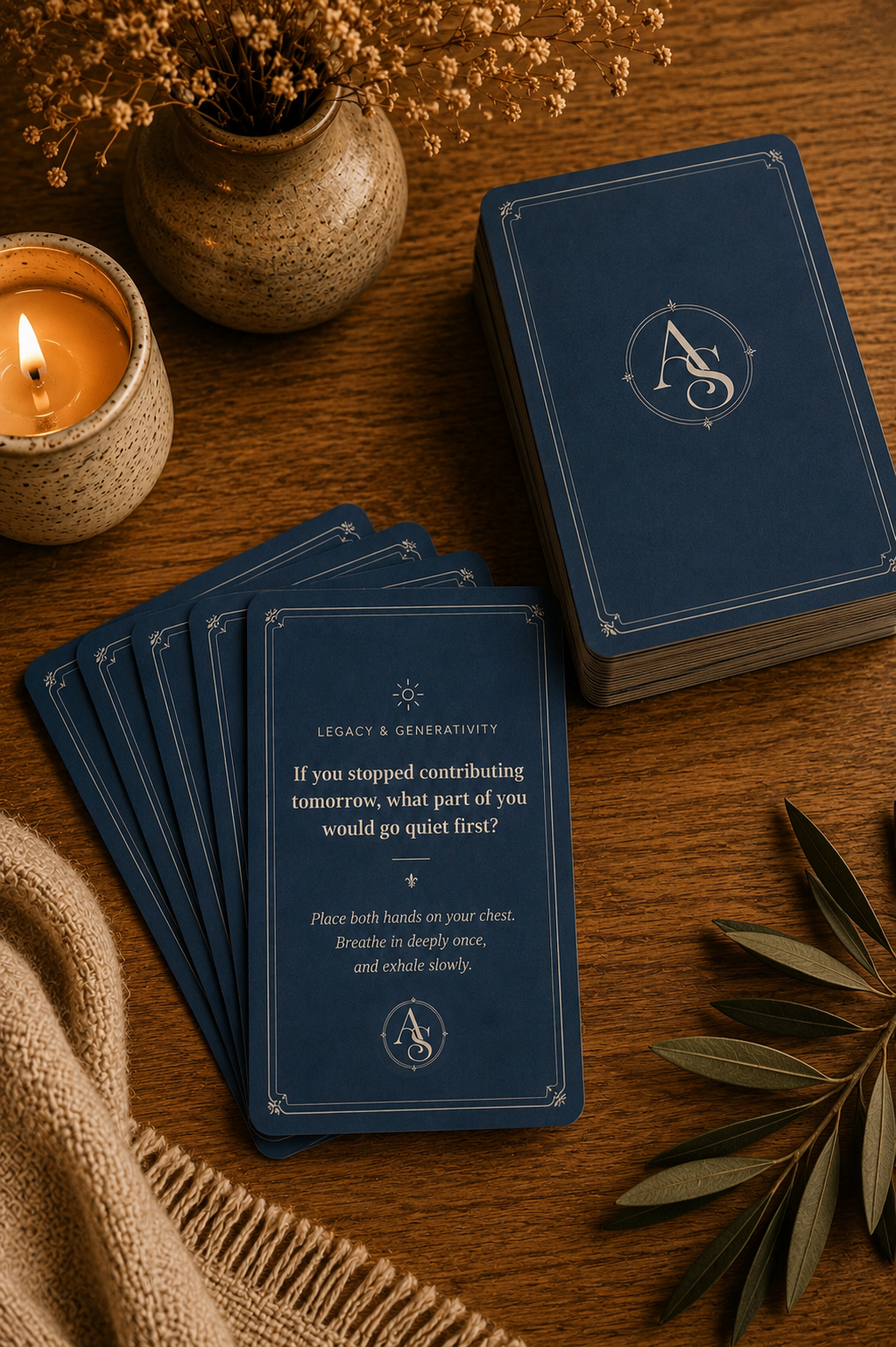 Purpose & Calling Deck — deep navy cards fanned out on a warm wood table
