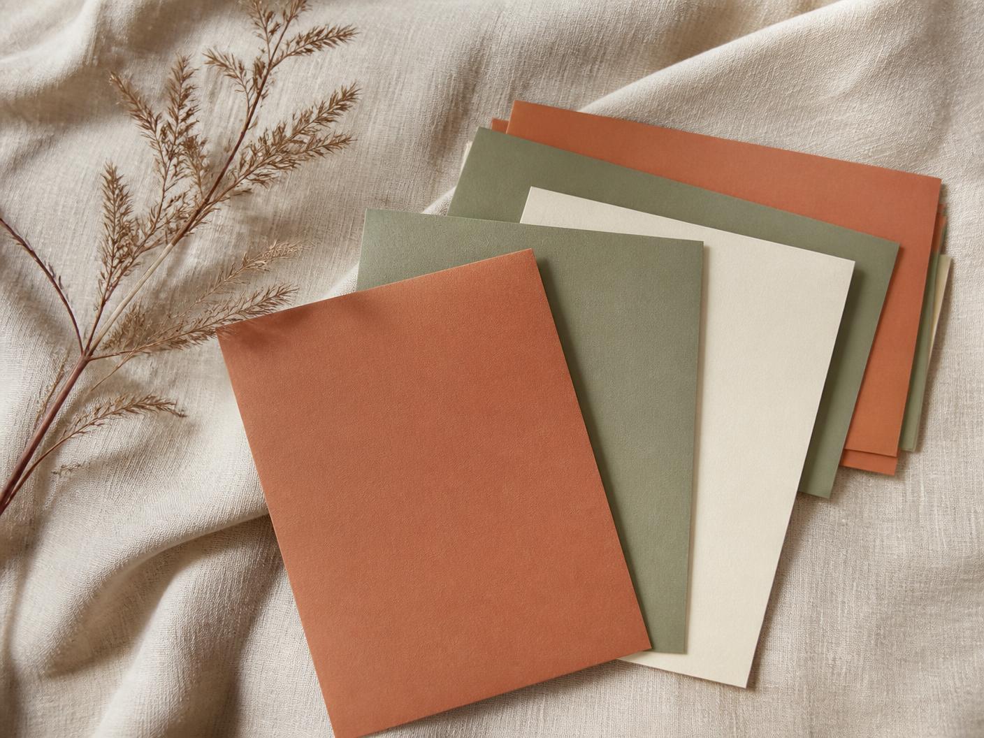 Terracotta, sage and cream practice cards fanned out on natural linen